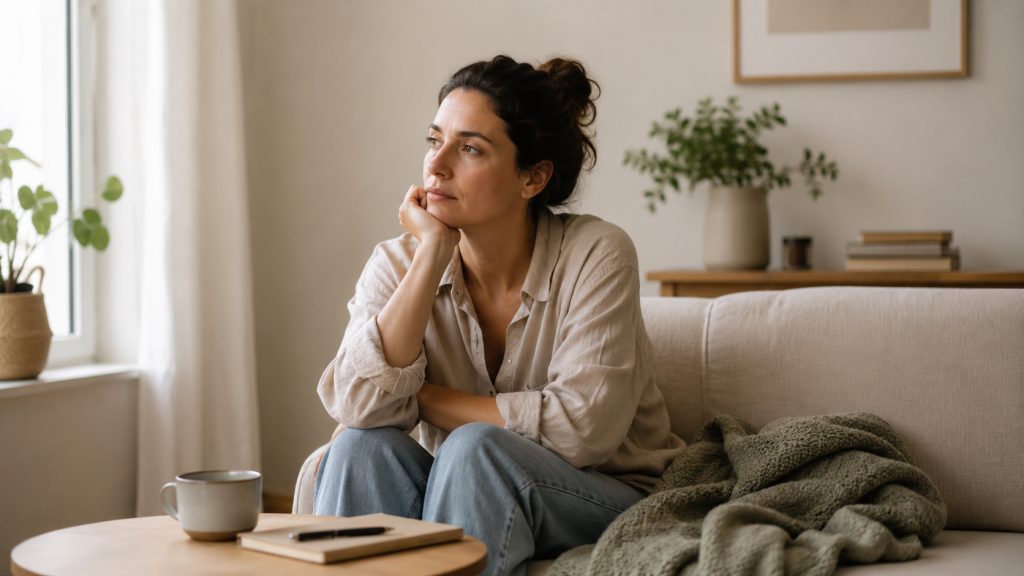 Mujer en pausa reflexiva reconociendo señales de que podría necesitar apoyo emocional