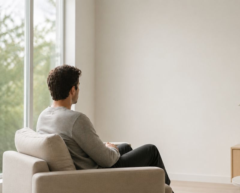 Hombre sentado en un sillón mirando hacia la ventana en un espacio tranquilo, reflejando un momento de pausa emocional e introspección