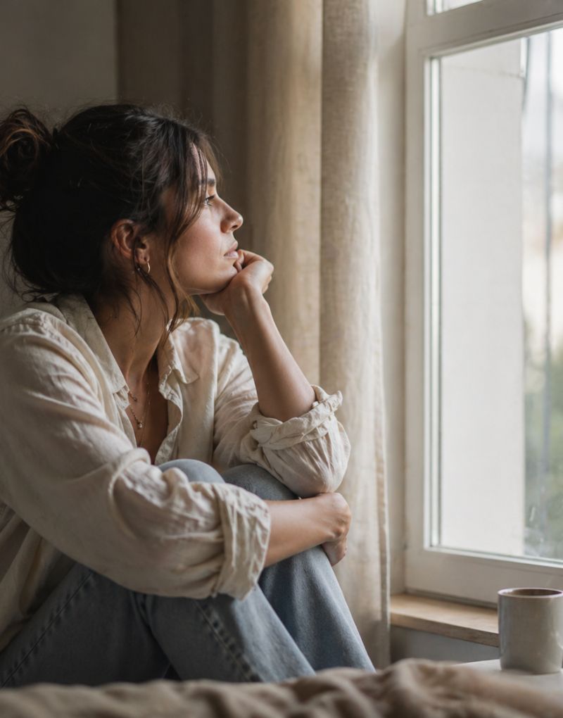 Mujer sentada junto a una ventana mirando hacia afuera en un momento de introspección y calma, representando el acompañamiento emocional