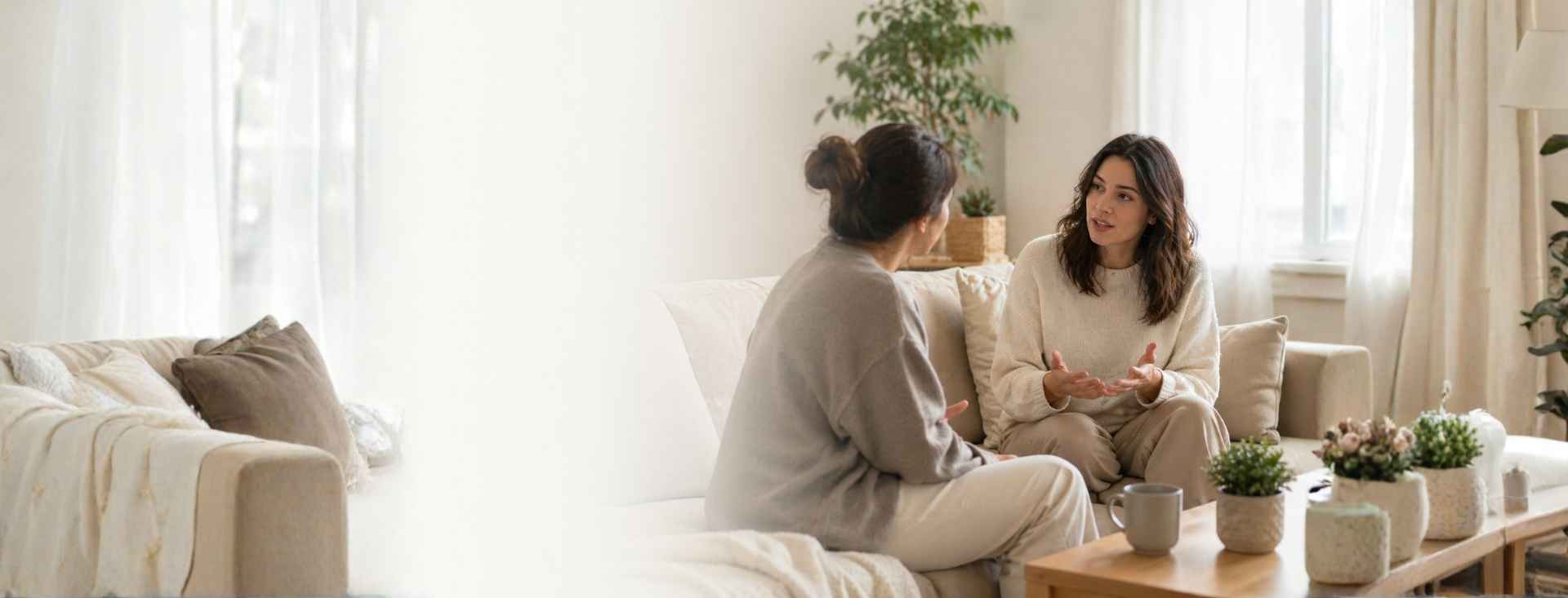 Persona recibiendo acompañamiento emocional en línea sentada en un sofá, en conversación tranquila y segura con otra persona