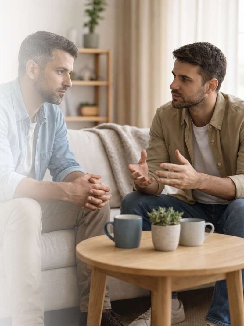 dos hombres conversando en un espacio de acompañamiento emocional con ambiente cálido y seguro
