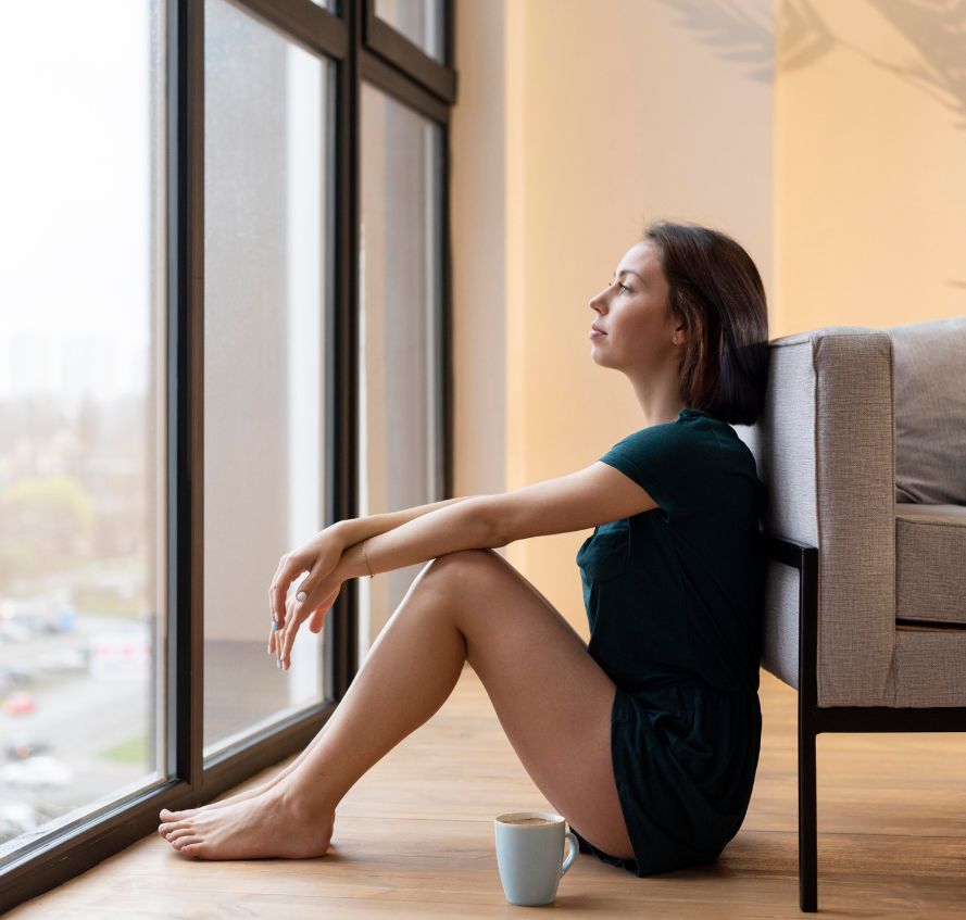 Mujer sentada junto a una ventana en un momento de calma e introspección emocional, representando acompañamiento emocional en línea