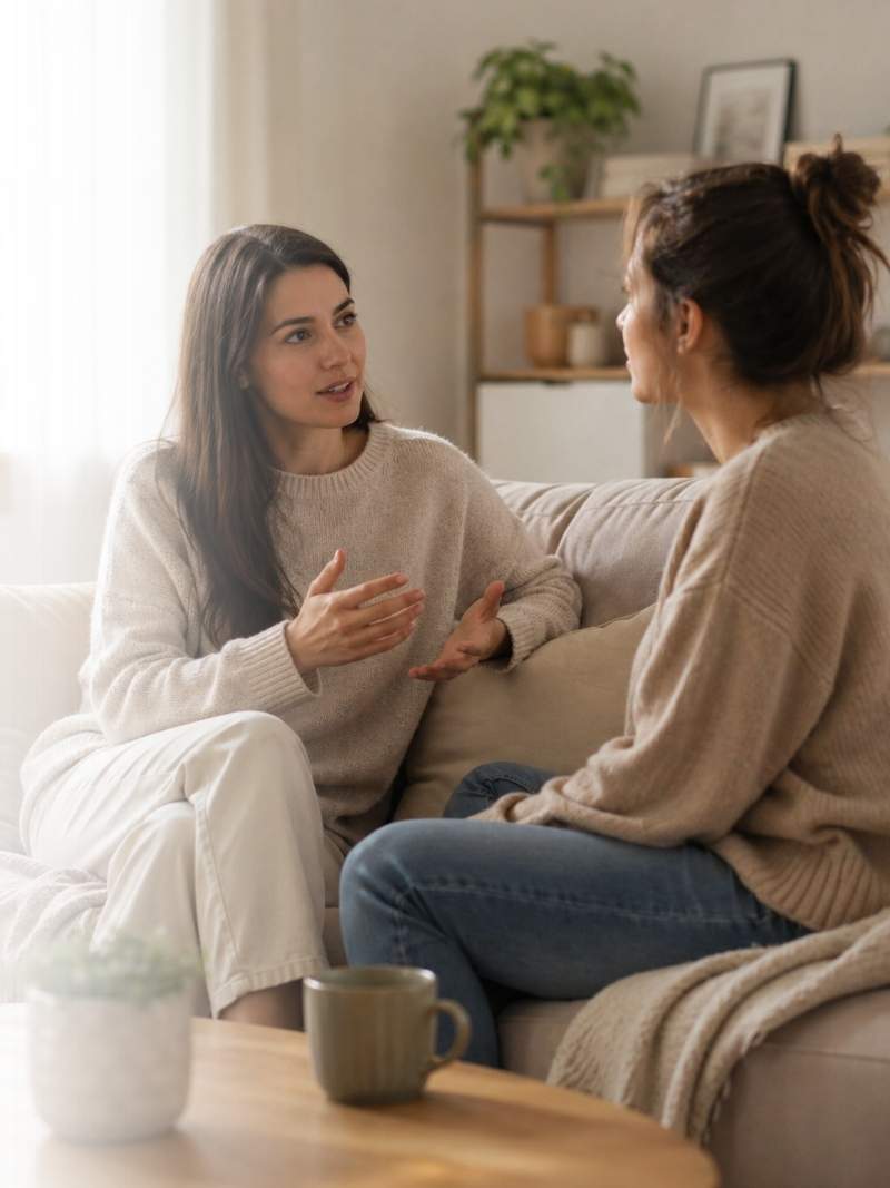 Dos mujeres conversando en un sofá en un espacio cálido y minimalista, mostrando escucha y acompañamiento emocional sin juicio.