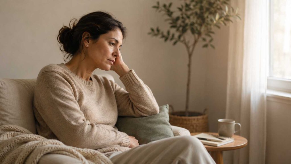 Mujer sentada en un ambiente tranquilo junto a una ventana, reflejando cansancio emocional y necesidad de pausa.