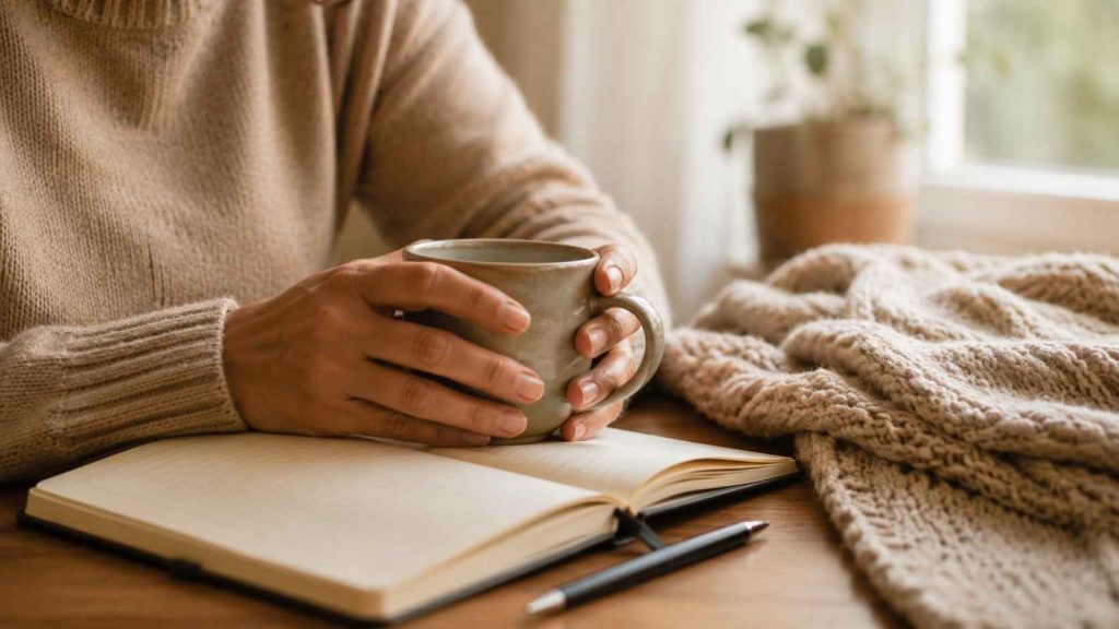 Manos sosteniendo una taza junto a una libreta abierta, representando el peso emocional acumulado en un momento de pausa.