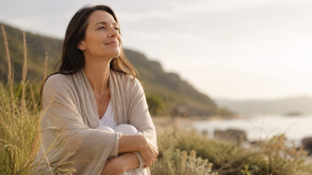 Mujer en un paisaje sereno, respirando con calma y mirando hacia la luz, en una escena que transmite esperanza y pausa emocional.