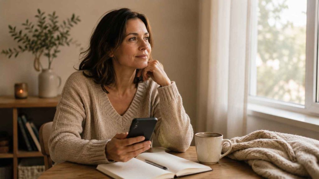 Mujer sentada en un ambiente tranquilo con celular y libreta, lista para pedir acompañamiento emocional con calma.