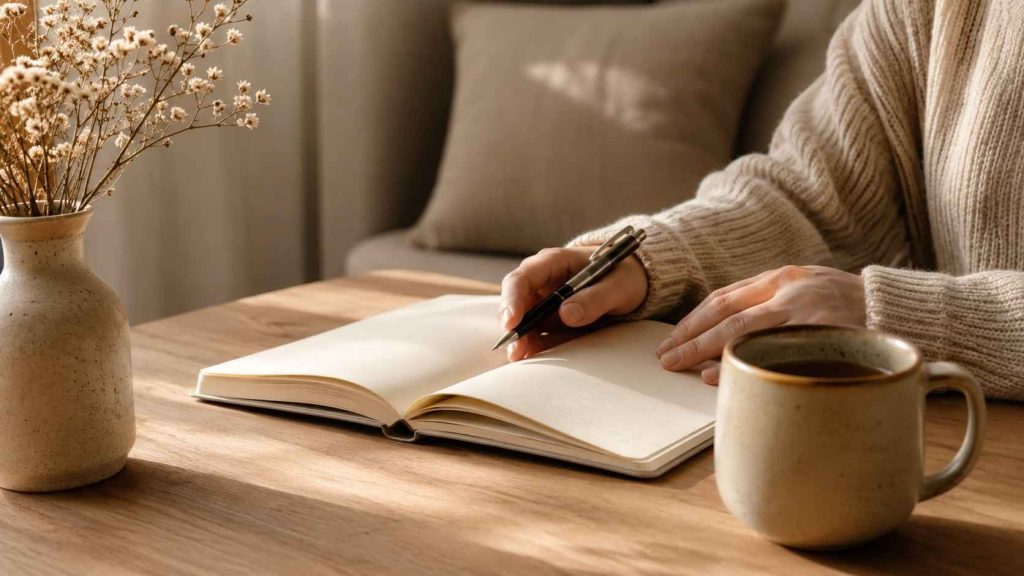 Libreta abierta junto a una taza en un espacio tranquilo, representando pausa emocional, reflexión y escritura personal.