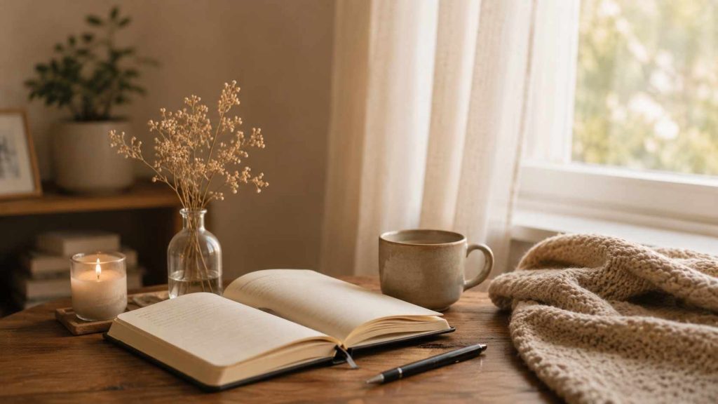 Libreta, pluma y taza junto a una ventana con luz natural, en un ambiente tranquilo que transmite pausa y autocuidado.