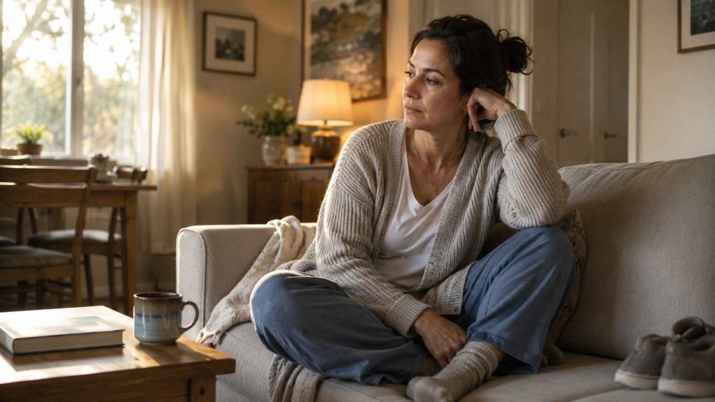 Mujer adulta descansando en casa con expresión de cansancio emocional.