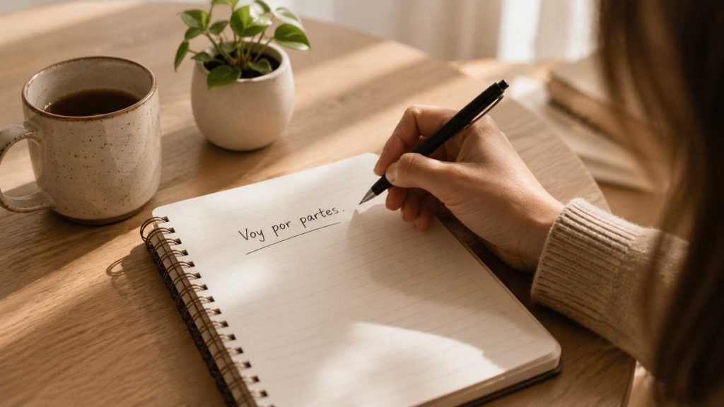 Persona escribiendo en una libreta para ordenar pensamientos y dar un primer paso emocional.
