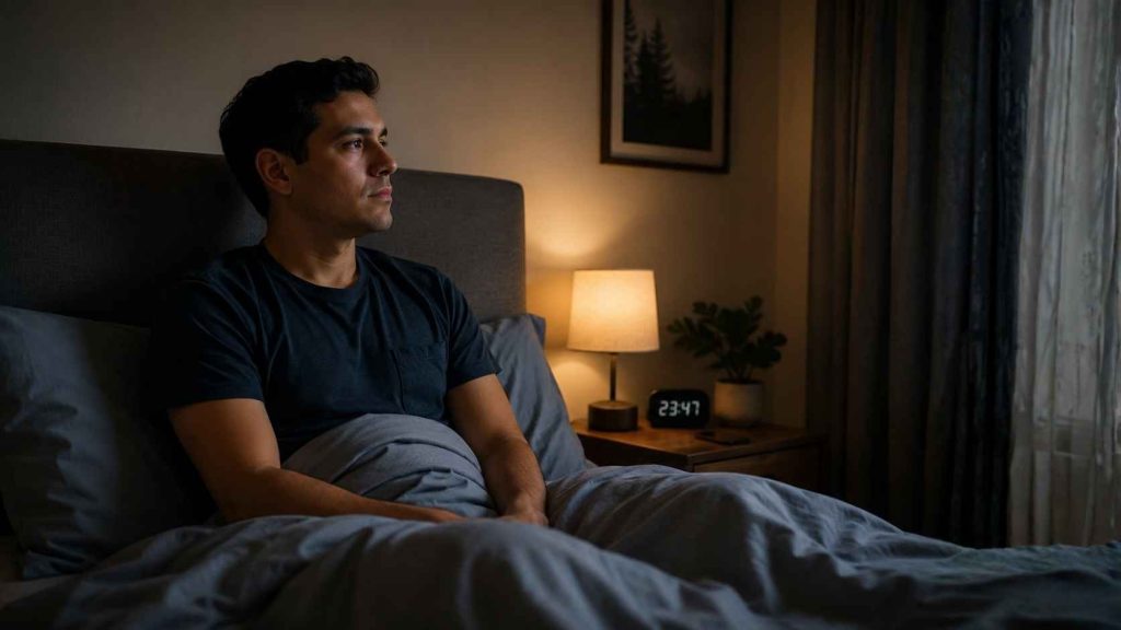 Persona despierta por la noche con pensamientos repetitivos y dificultad para descansar.