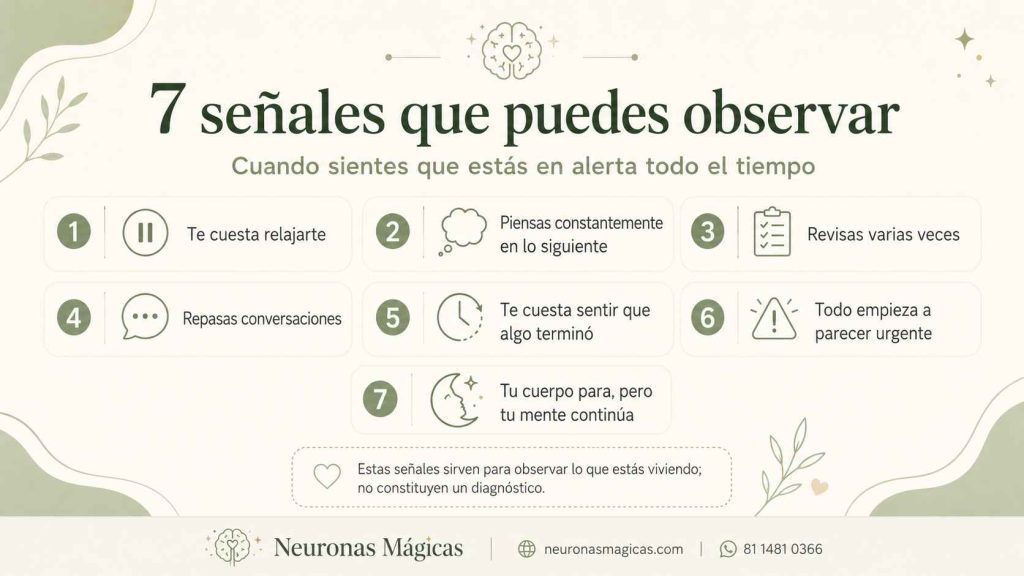 Infografía con siete señales cotidianas de dificultad para bajar la guardia y relajarse.
