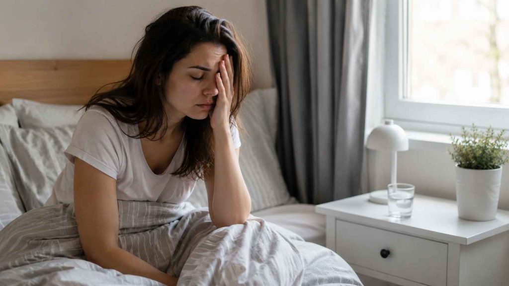 Mujer despertando cansada después de dormir durante la noche
