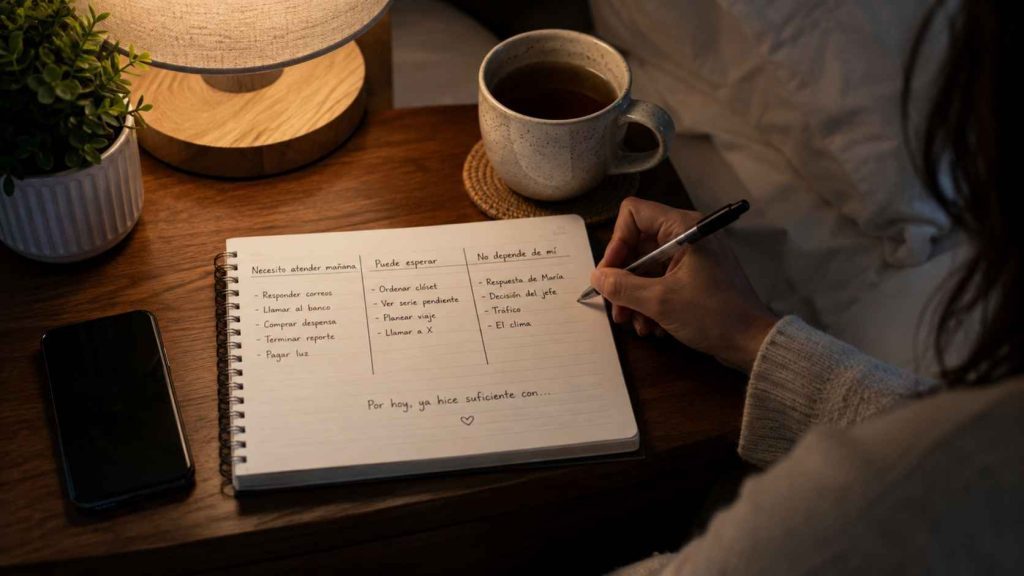 Persona organizando pendientes en una libreta antes de dormir
