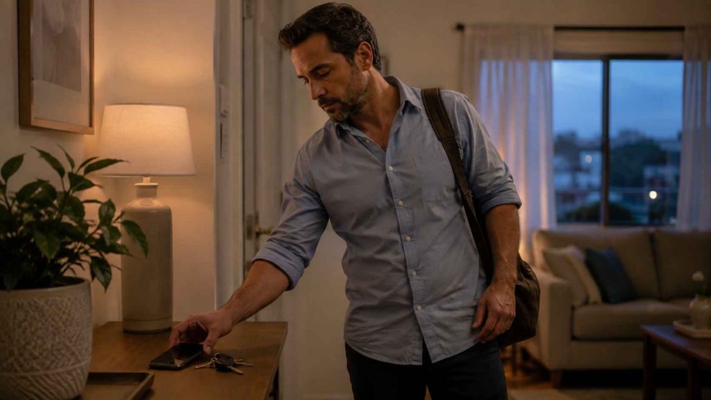 Hombre llegando a casa después del trabajo mientras deja su teléfono y llaves sobre una mesa.